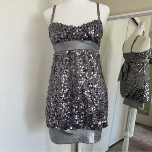 Wet Seal Silver Sequin mini Dress bubble dress Y2K with satin waist tie back XS